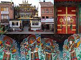 Kathmandu Boudhanath 10 Jamchen Gompa West Of Boudhanath Stupa, Entrance Door, Four Guardian Kings Jamchen Gompa (Sakya) is to the left (west) of the main entrance to Boudhanath near Kathmandu. Here is the entrance door and the nearby protruding sculptures of the Four Guardian Kings.